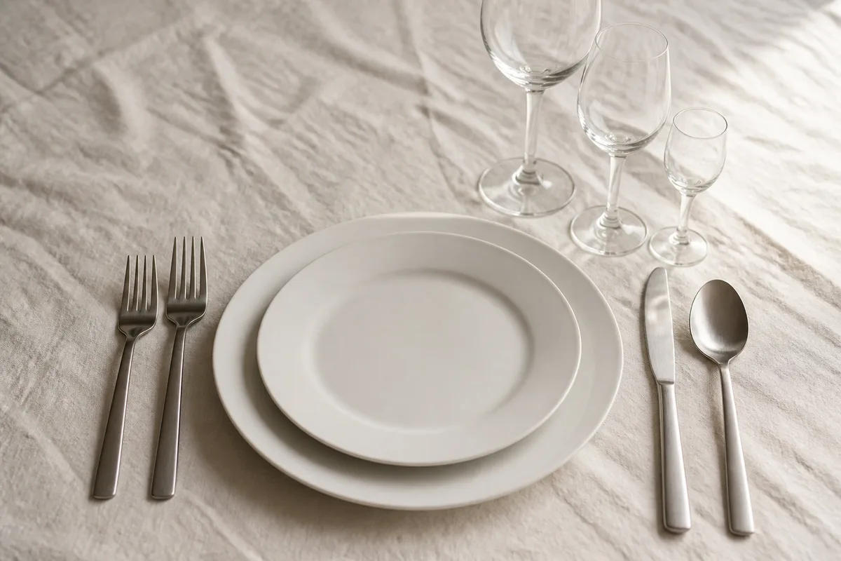 Assiettes en porcelaine blanche, verres à pied et couverts en inox posés sur une nappe de lin froissé