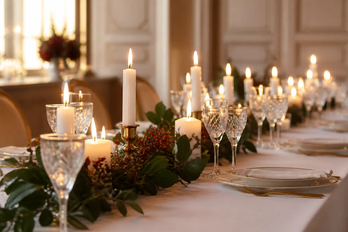 Table de fête dressée avec nappe blanche, bougies allumées et branches de feuillage en centre de table bas