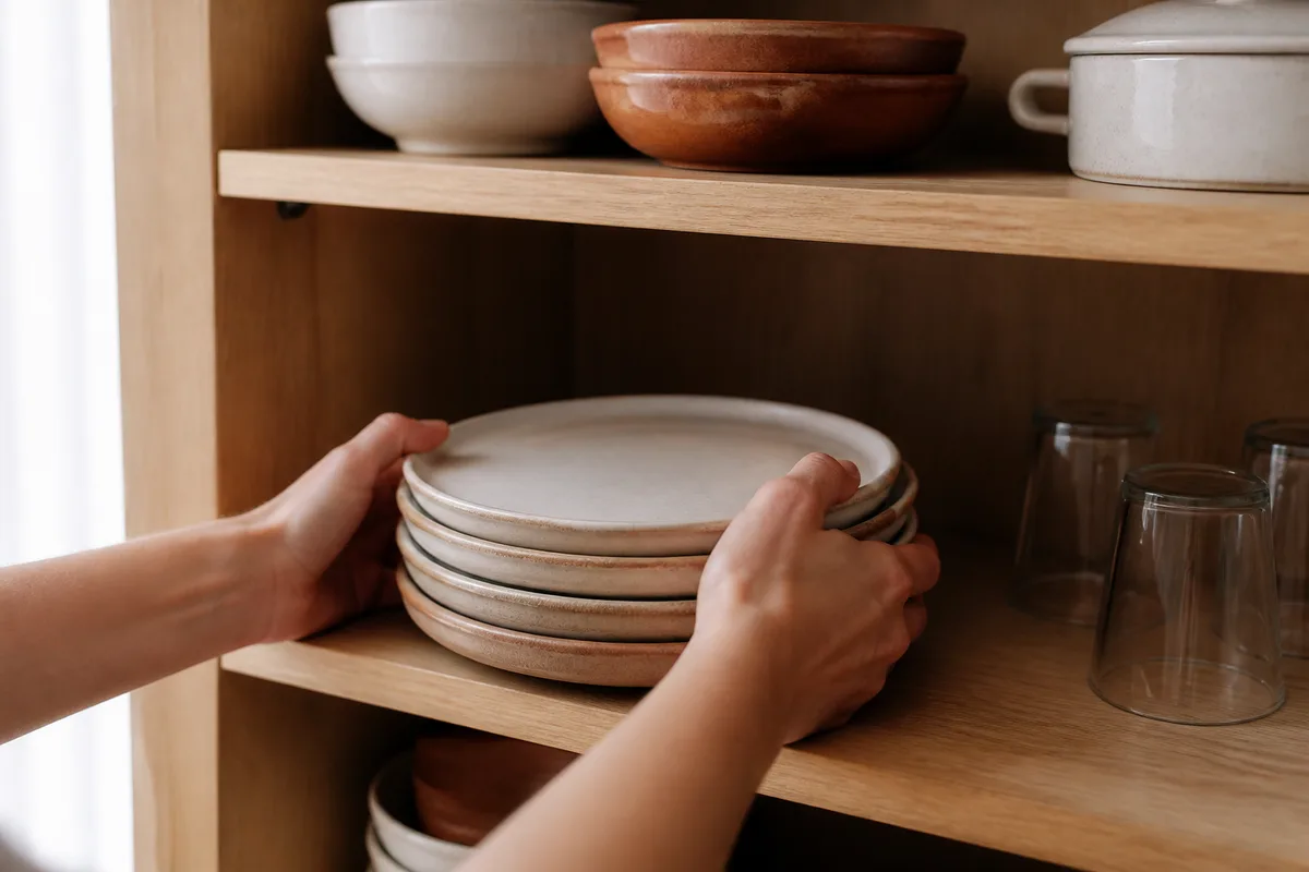 Mains rangeant des assiettes en grès émaillé dans un vaisselier en bois clair