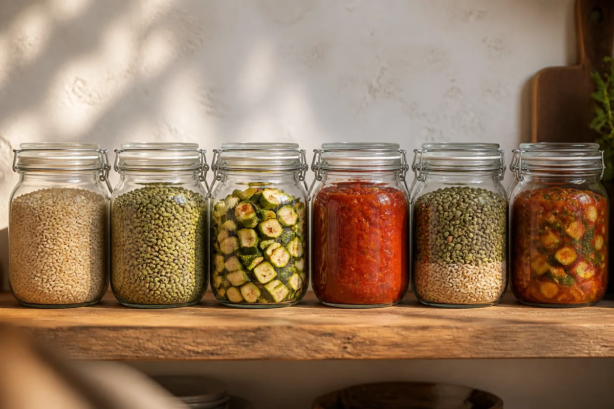 Bocaux en verre alignés sur un plan de travail, remplis de riz complet, de lentilles et de légumes rôtis préparés pour la semaine