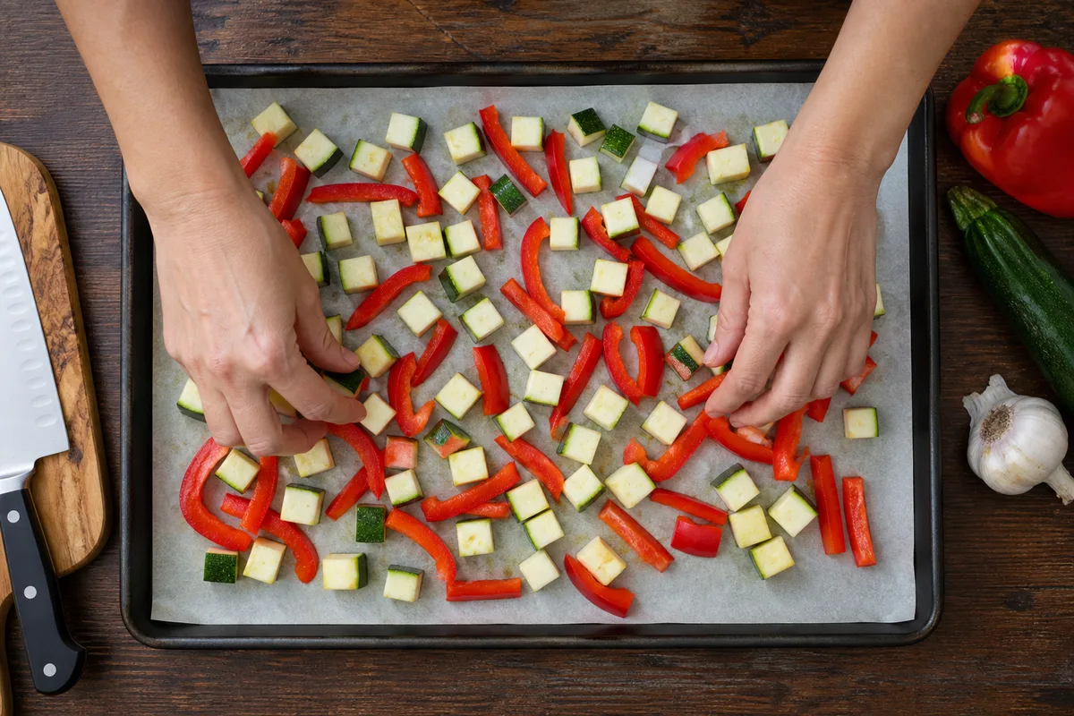 Mains disposant des dés de courgettes et des lanières de poivron rouge sur une plaque de four, vue de dessus