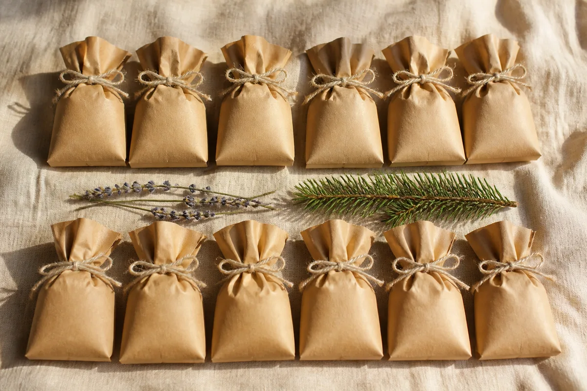 Petits sachets de papier kraft noués de ficelle, alignés sur une nappe de lin clair