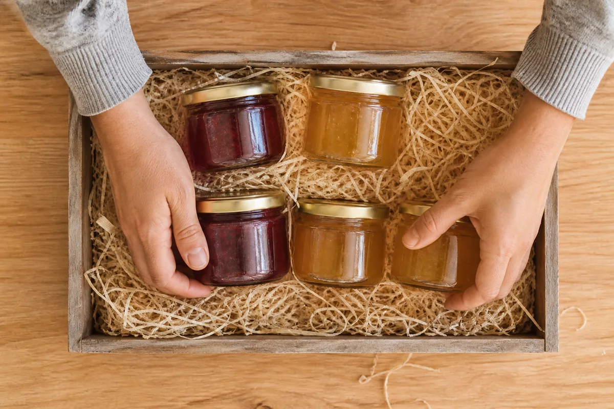 Mains disposant des bocaux de confiture dans une caisse en bois garnie de paille