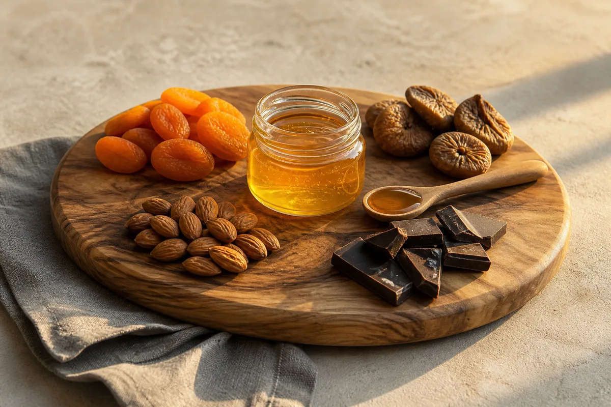 Plateau en bois portant des fruits secs, un pot de miel et des morceaux de chocolat, lumière rasante de fin de journée
