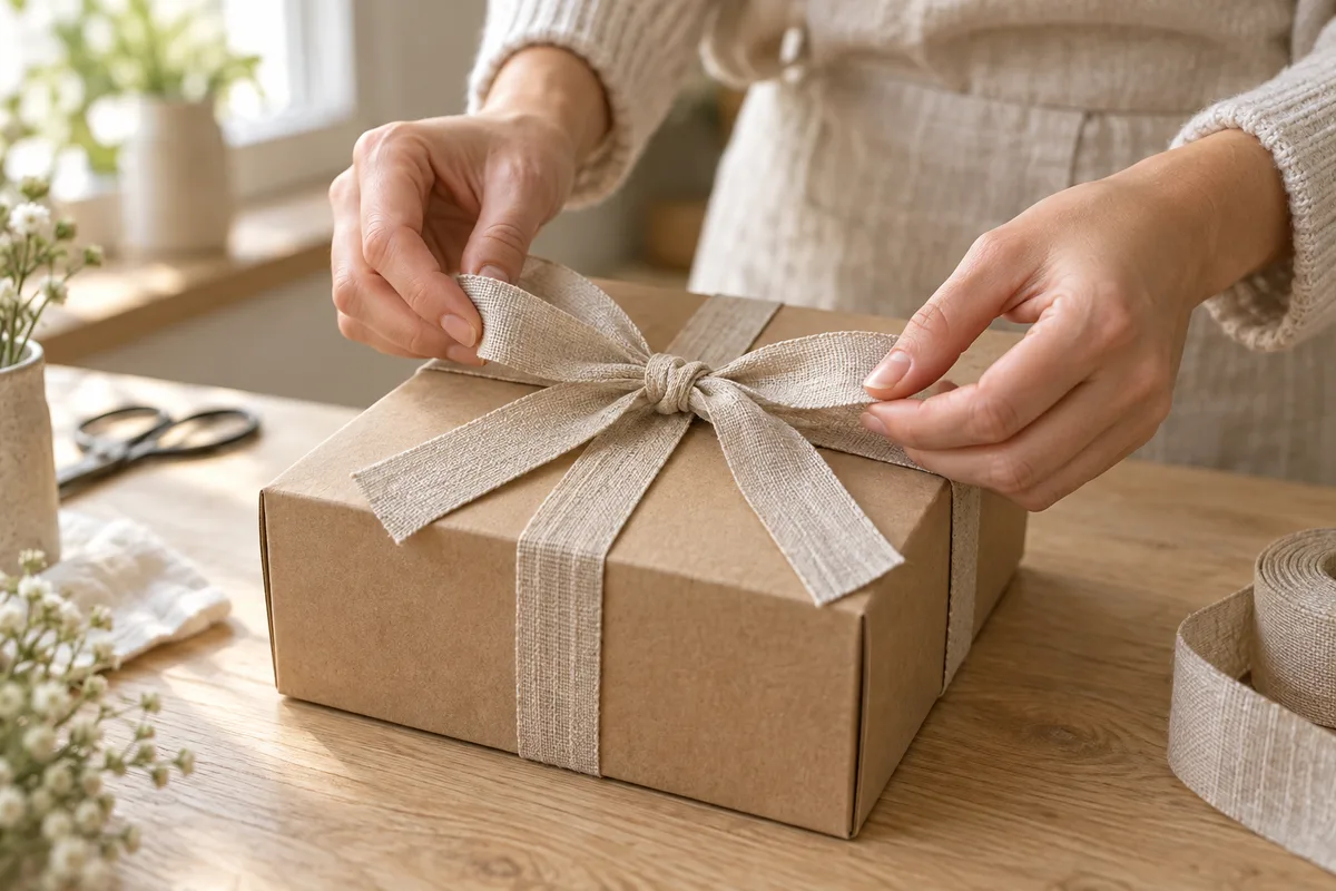 Mains nouant un ruban de lin sur une boîte cadeau unie
