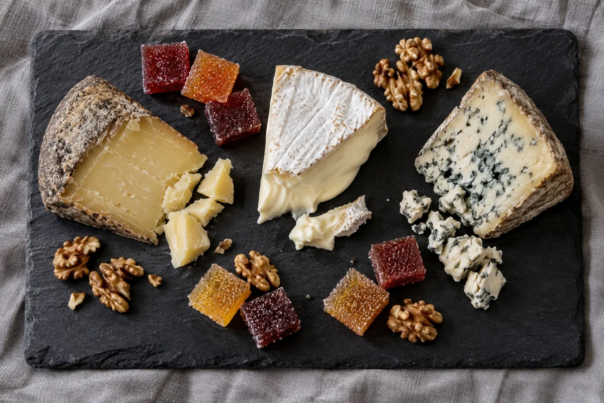 Fromages affinés et pâtes de fruits sur une planche en ardoise vue de dessus