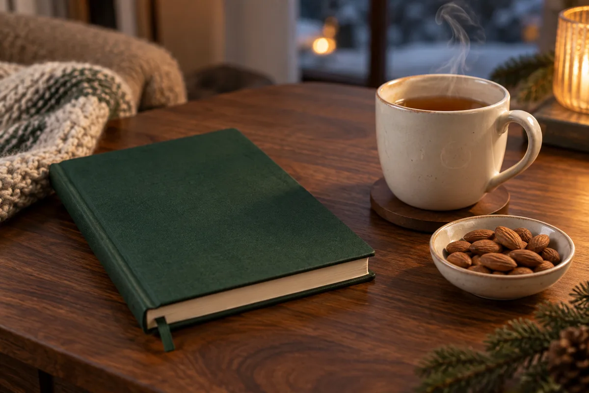 Carnet fermé à couverture unie, tasse de thé et amandes sur une table