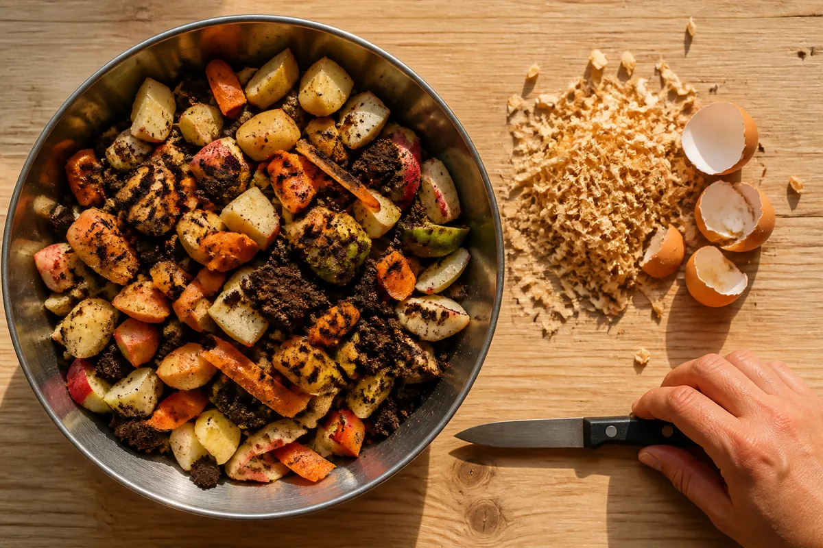 Bol en inox rempli d&rsquo;épluchures de légumes coupées finement sur un plan de travail en bois