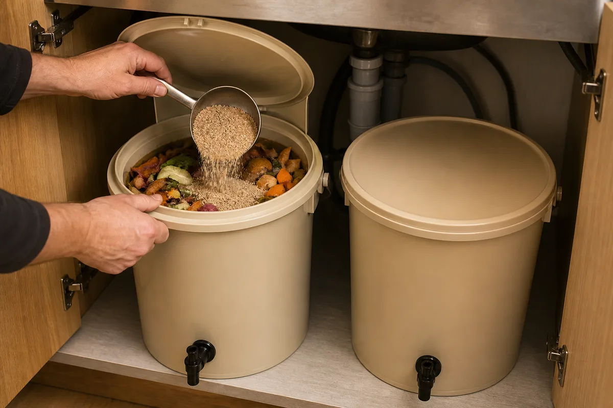 Seau de fermentation en plastique uni posé sous un évier de cuisine, deux mains versant une louche de son