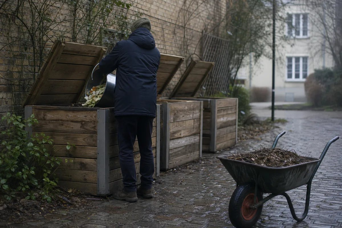 Composteur de quartier en bois brut dans une cour d&rsquo;immeuble, habitant vu de dos vidant un seau de biodéchets