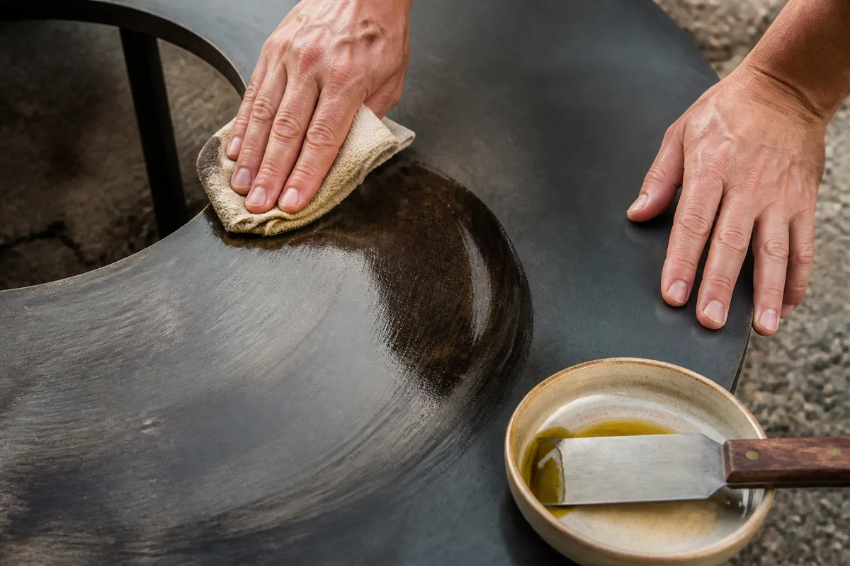 Mains passant un chiffon huilé sur la plaque d’acier refroidie d’un brasero