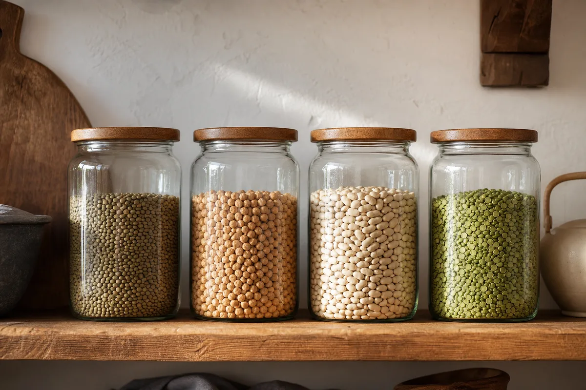 Bocaux en verre alignés remplis de lentilles vertes, pois chiches et haricots secs sur une étagère de cuisine
