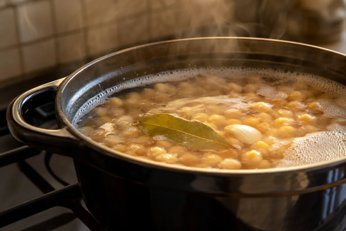 Casserole en fonte à petit frémissement où cuisent des pois chiches avec une feuille de laurier