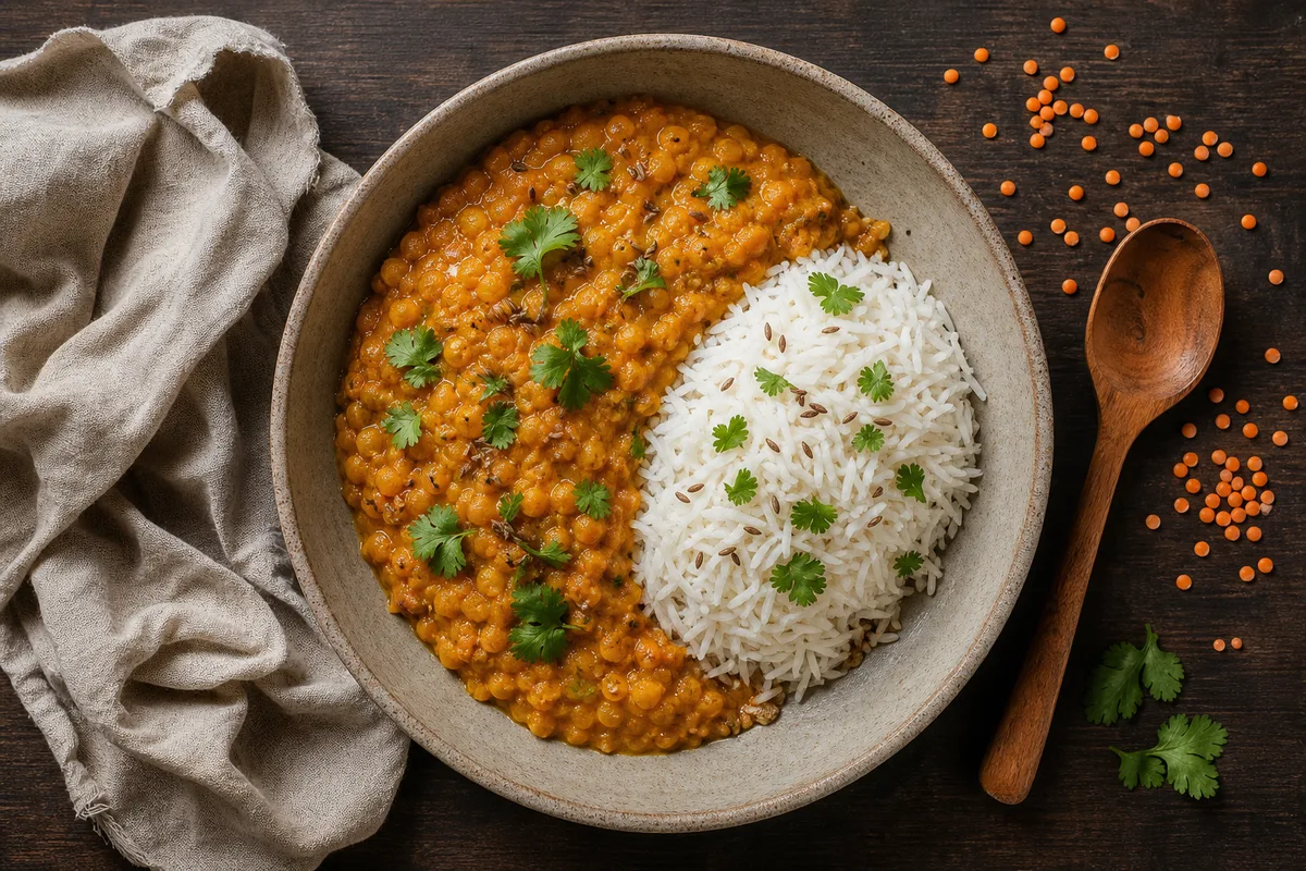 Assiette creuse de riz basmati et lentilles corail au curcuma, vue de dessus sur un plan de travail en bois