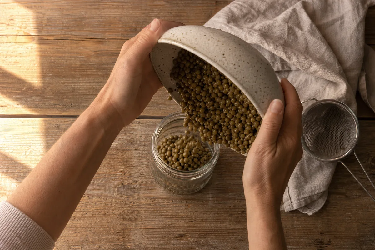 Mains versant des lentilles cuites dans un bocal en verre à côté d’un torchon de lin, lumière naturelle de fin de journée