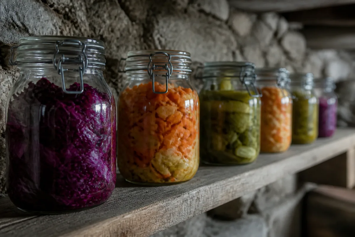 Rangée de bocaux de verre lisses remplis de légumes colorés, posés sur une étagère en bois dans une cave fraîche