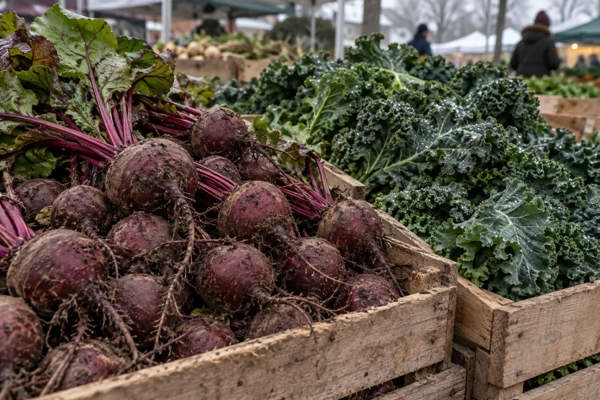 Betteraves rouges et choux frisés en vrac sur un étal de marché en hiver