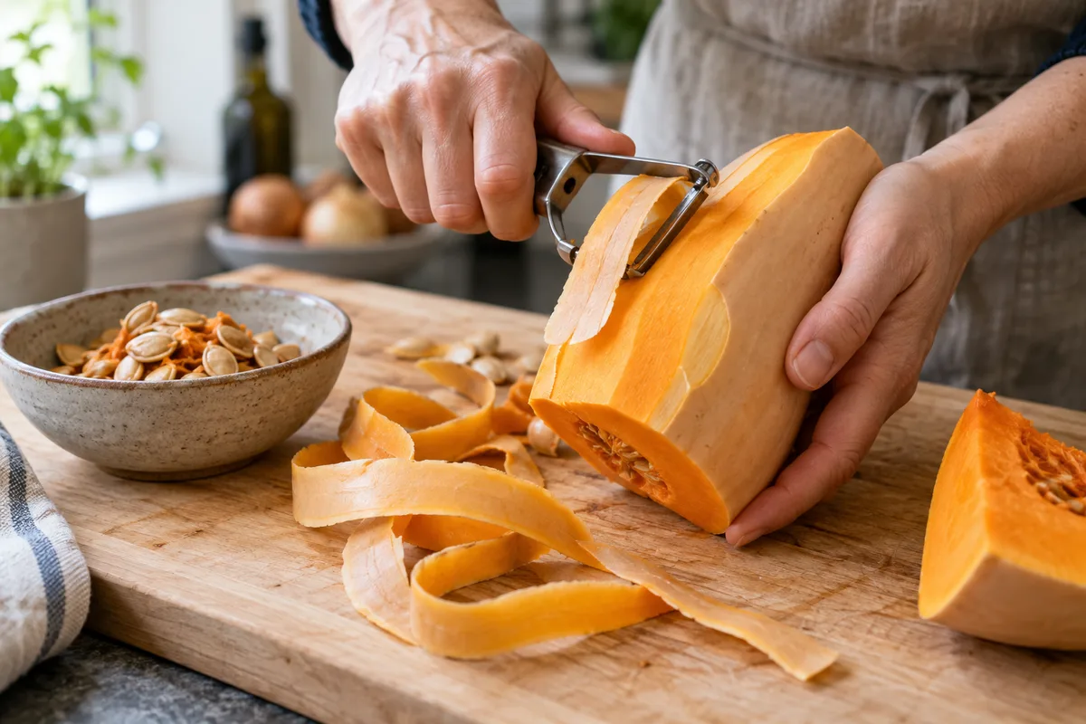 Mains qui épluchent un quartier de courge sur une planche à découper en bois