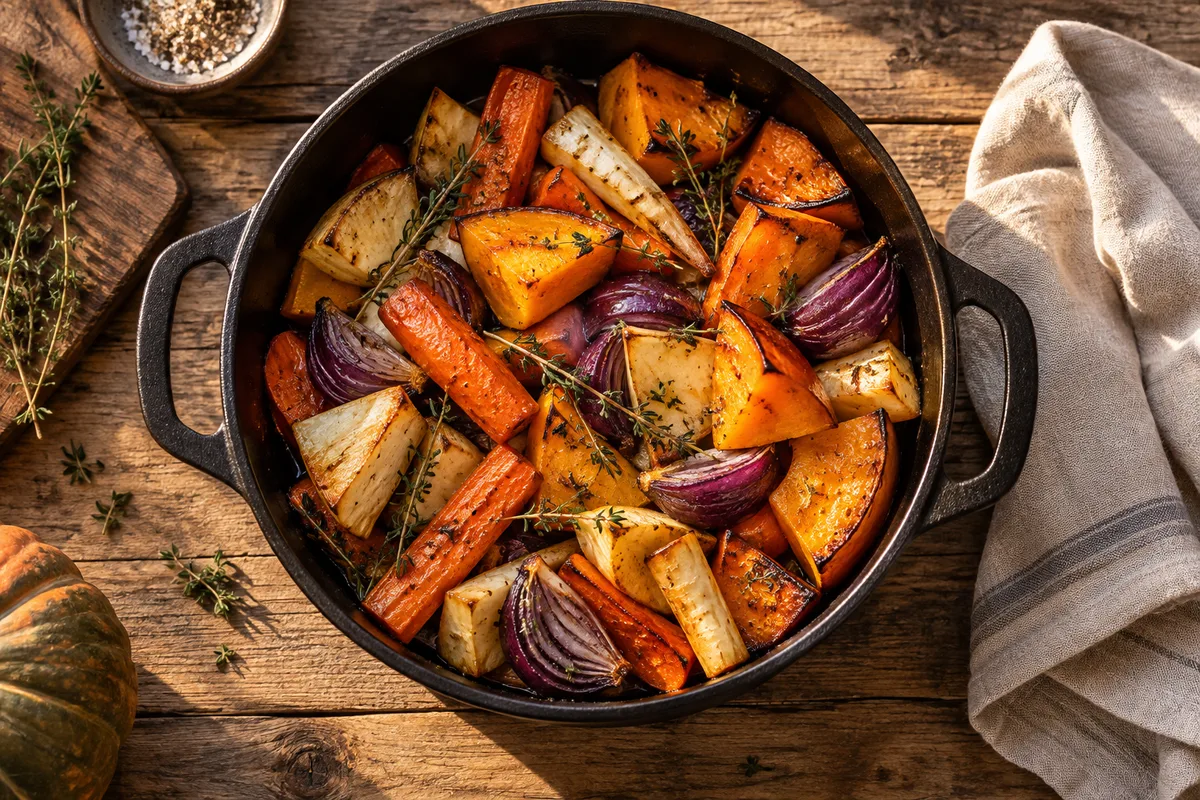 Cocotte en fonte de légumes d’automne rôtis, vue de dessus sur une table en bois