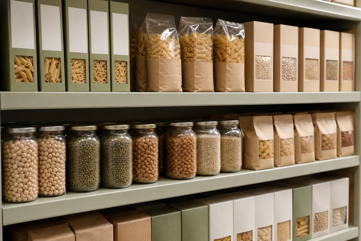 Rayon d&rsquo;épicerie avec des emballages alignés, lumière naturelle