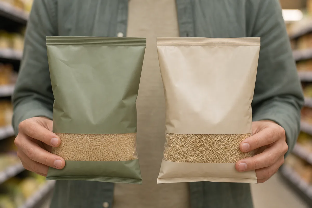 Deux paquets d&rsquo;un même rayon tenus côte à côte pour comparaison