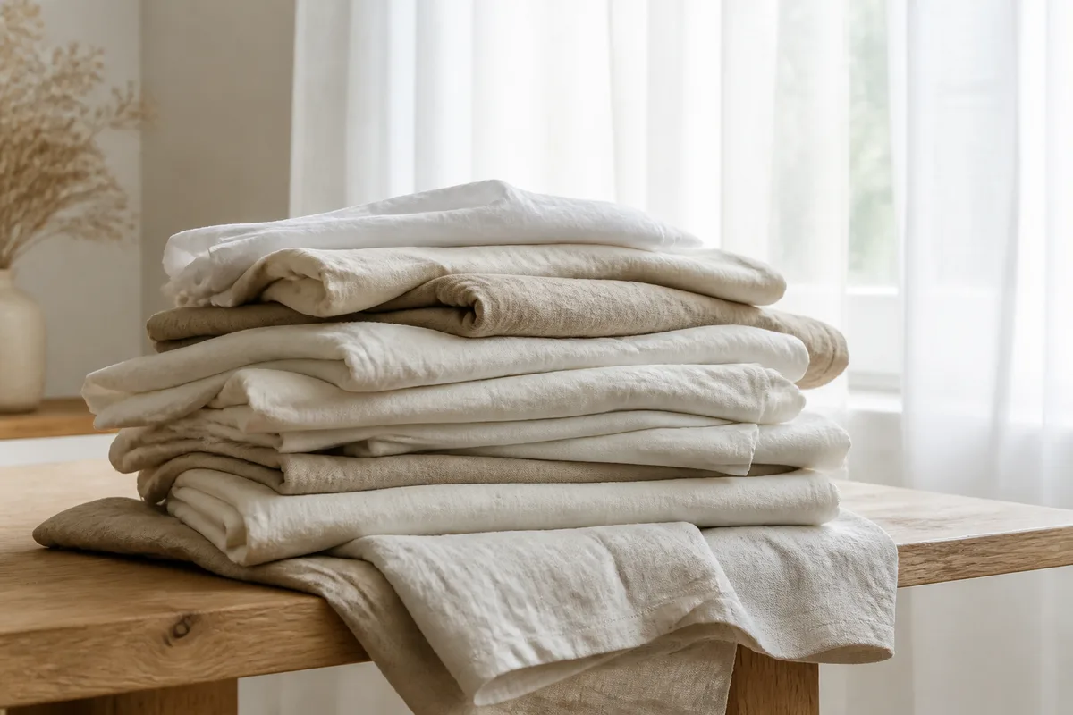 Pile de draps en lin froissé posée sur une table en bois clair près d&rsquo;une fenêtre