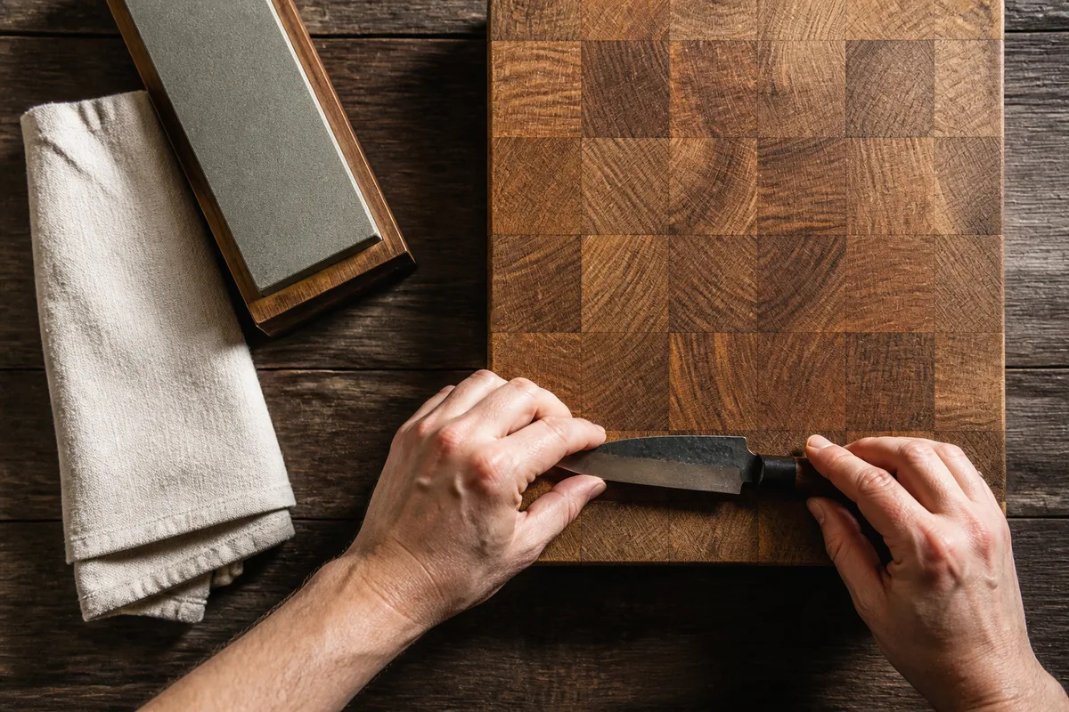 Mains posant un couteau d&rsquo;office et une planche en bois de bout sur un plan de travail