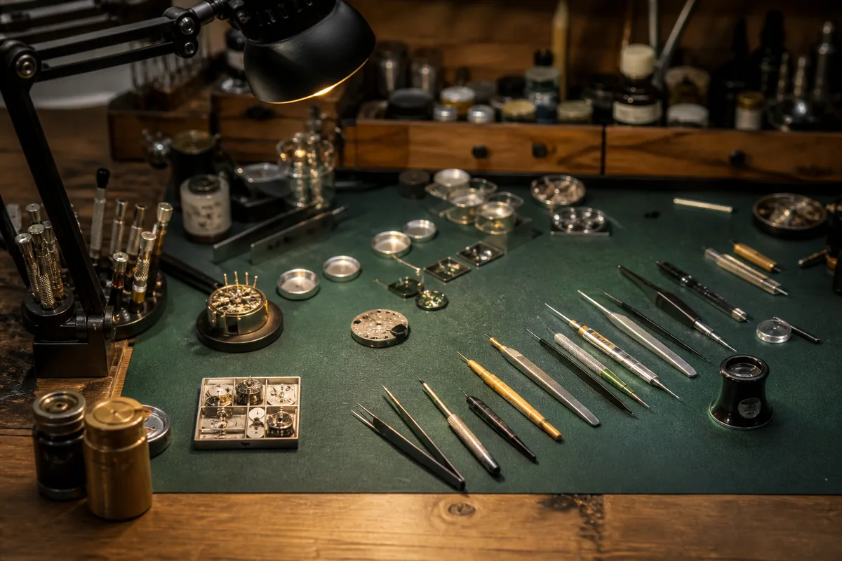 Établi d&rsquo;atelier avec outils de précision, pièces métalliques et loupe posés sur un tapis de travail