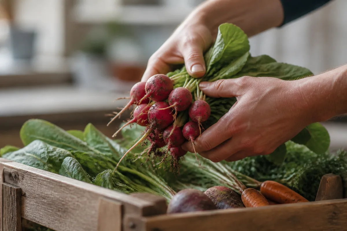 Mains vérifiant des légumes bio dans un cageot en bois