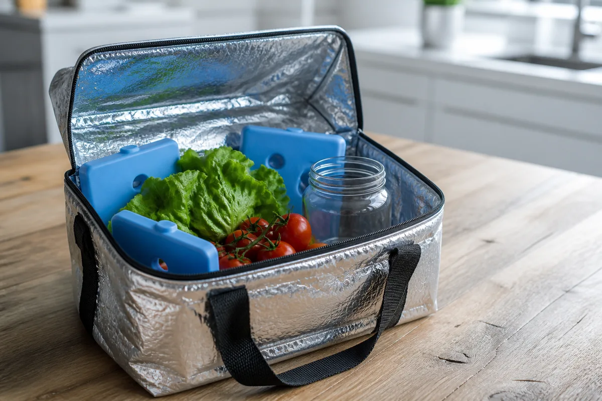 Sac isotherme ouvert avec pains de glace et produits frais
