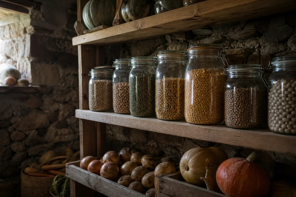Bocaux et légumes racines rangés dans un cellier frais