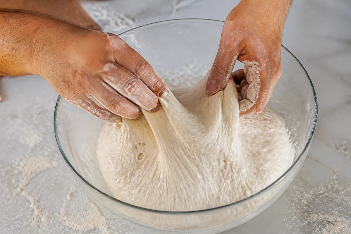 Mains farinées exécutant un rabat sur une pâte hydratée dans un saladier
