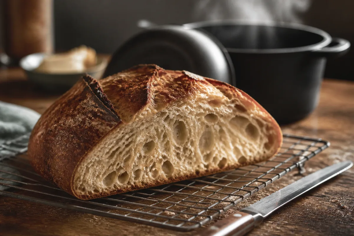 Miche au levain fendue par une grigne dorée posée sur une grille de refroidissement