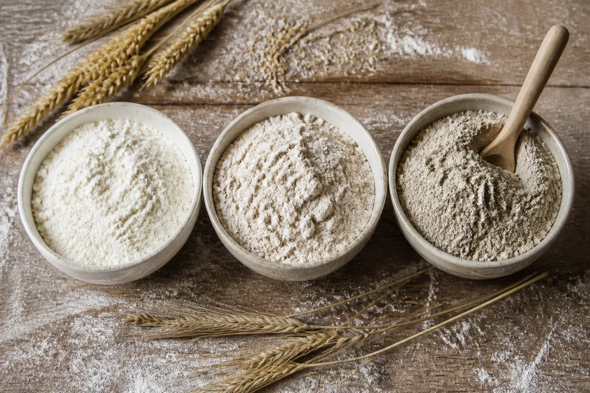 Trois bols de farines de types différents entourés d&rsquo;épis de blé et de seigle