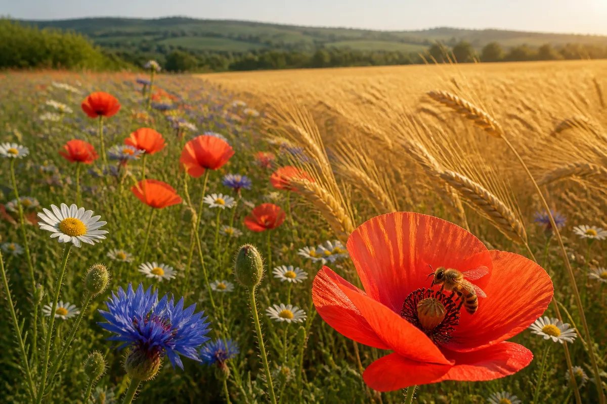 Bande fleurie de coquelicots et de bleuets en bordure d’une parcelle de blé, lumière rasante de fin de journée