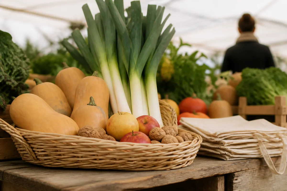 Panier en osier garni de courges, poireaux et pommes posé sur une table de marché en bois brut