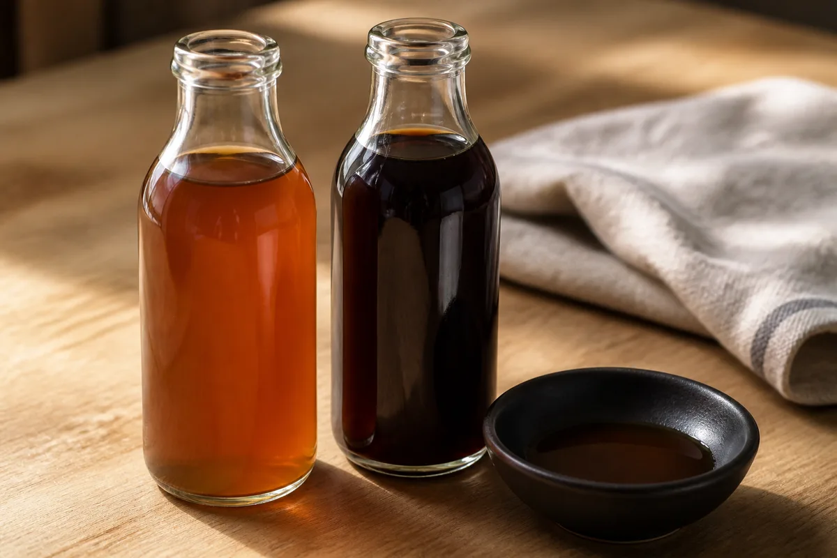 Deux flacons de sauce soja en verre lisse et une petite coupelle en céramique sombre posés sur un plan de travail en bois clair