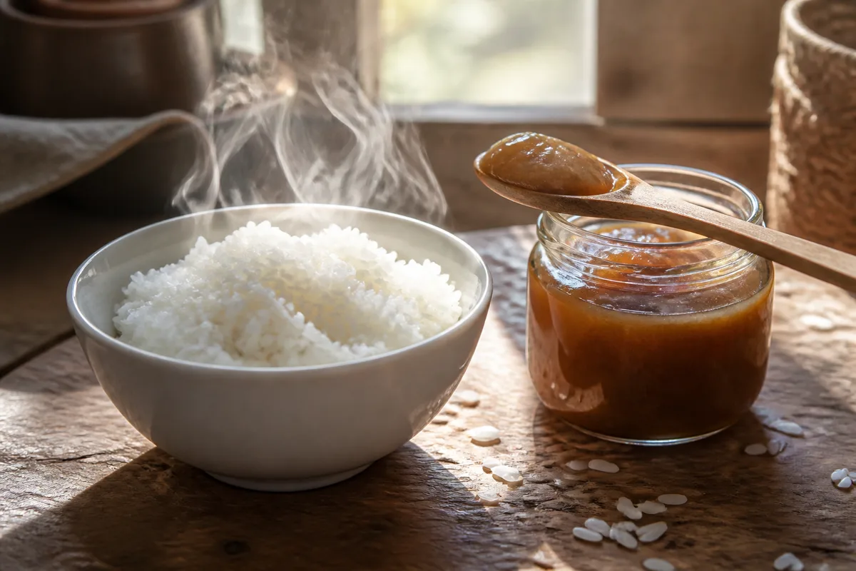 Bol de riz blanc fumant à côté d&rsquo;un bocal de pâte de miso ambrée et d&rsquo;une cuillère en bois, lumière naturelle rasante