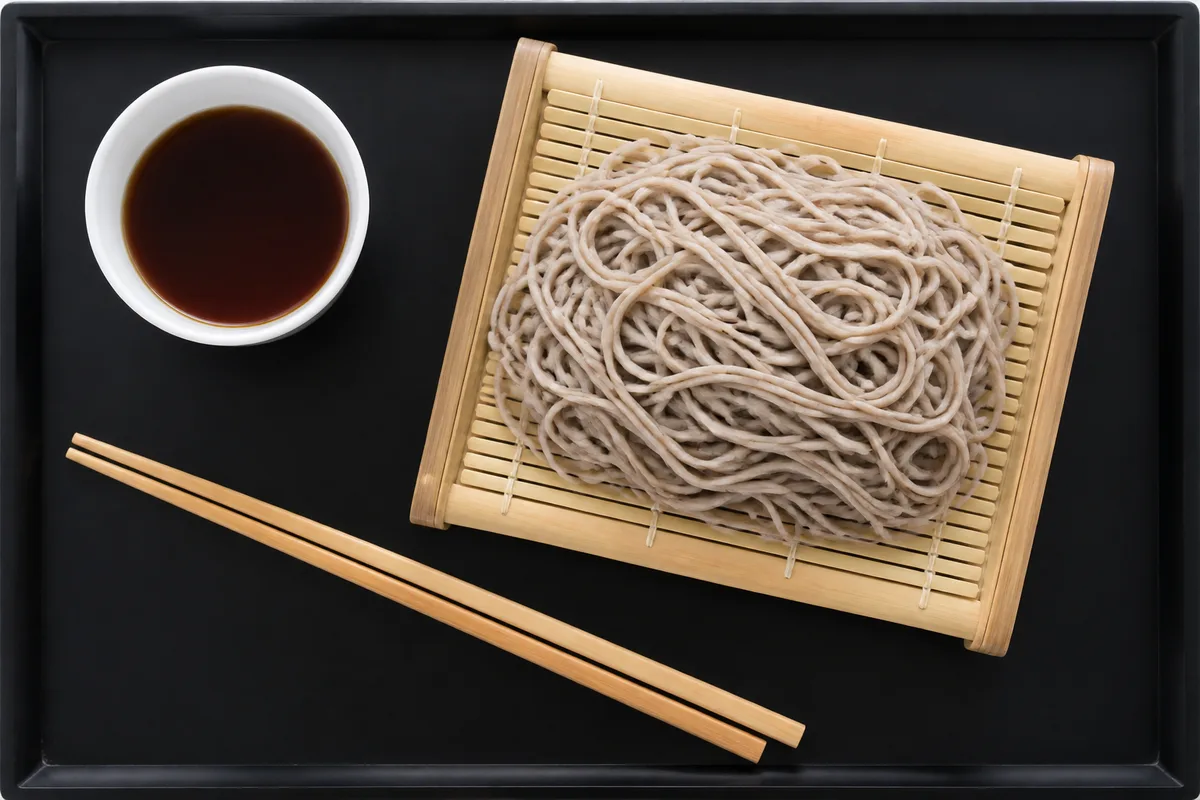 Nouilles soba disposées sur une claie en bambou à côté d&rsquo;une coupelle de sauce brune, vue de dessus sur une table sombre