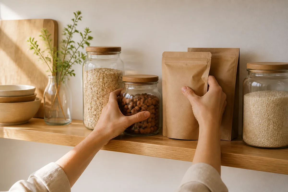 Mains disposant des bocaux de verre lisses et des sachets de papier brun uni sur une étagère de cuisine en bois