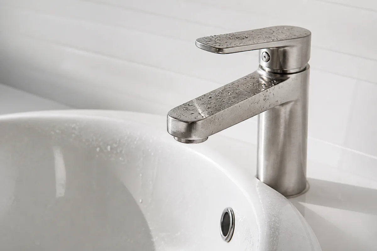 Vasque en céramique blanche lisse et robinet en inox brossé, gouttes d&rsquo;eau sur la surface, lumière naturelle latérale