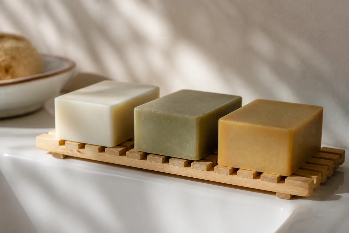 Trois pains de savon posés sur une grille en bois clair près d&rsquo;un lavabo, gros plan en lumière douce