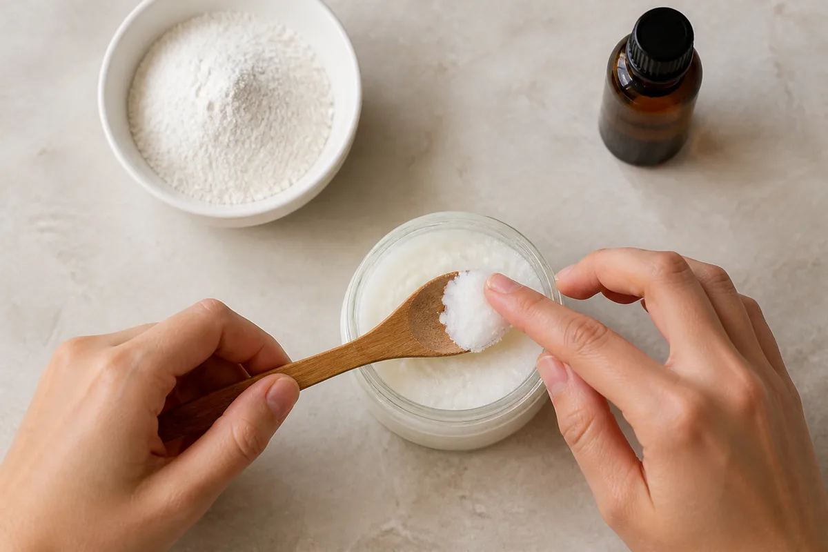 Petit pot en verre rempli de pâte blanche, cuillère en bois et bol de bicarbonate sur un plan de travail clair